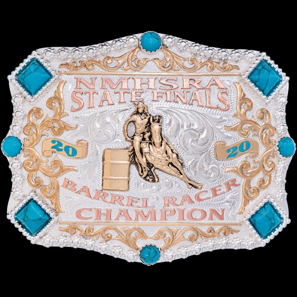 The Shiny Purity Spring Belt Buckle has eight simulated turquoise stones, gorgeous bronze scrollwork, and copper lettering. Customize this buckle for you cowgirl or barrel racer! 

You can see 